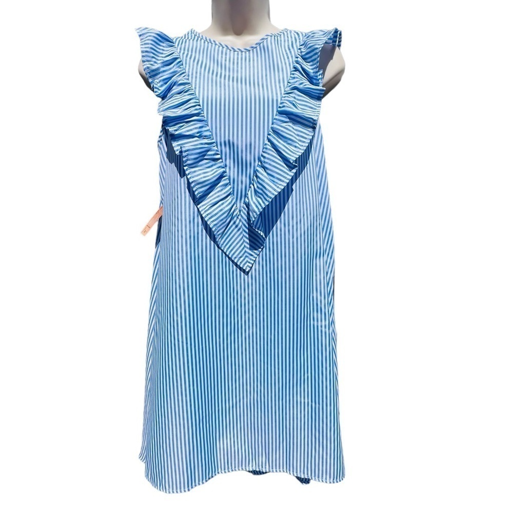 Ruffle Yoke Summer Sleeveless Mini Dress Stripe Light Blue White new